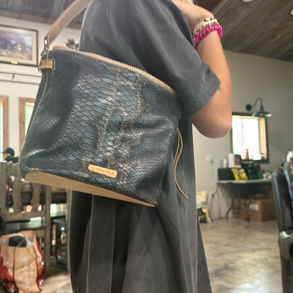 Consuela Blue and Tan Shoulder Bag with Gold Accents - Picture 7 of 7